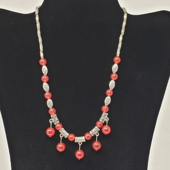 Silver & Cranberry Red Beaded Dangle Post-Hung Fashion Necklace - Picture 1 of 5